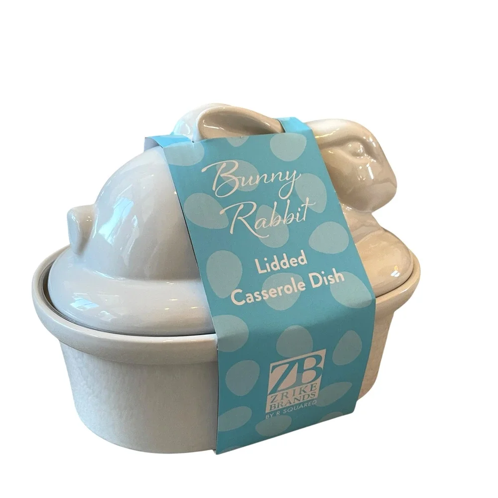 Zrike Brands Easter Bunny Rabbit Lidded Casserole Dish White Ceramic NEW